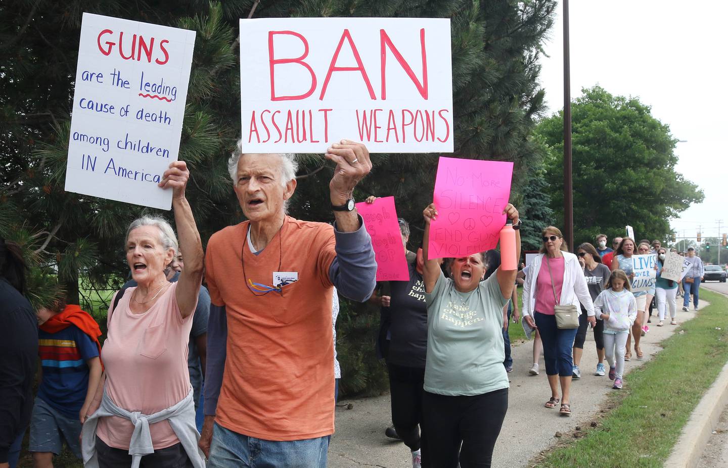 Protesters chant as they march south on Sycamore Road in DeKalb Saturday, June 11, 2022, during a March For Our Lives event which kicked off at Hopkins Park in DeKalb. The March For Our Lives initiative advocates for, among other things, an end to gun violence, updated gun control legislation and policy targeting gun lobbyists.