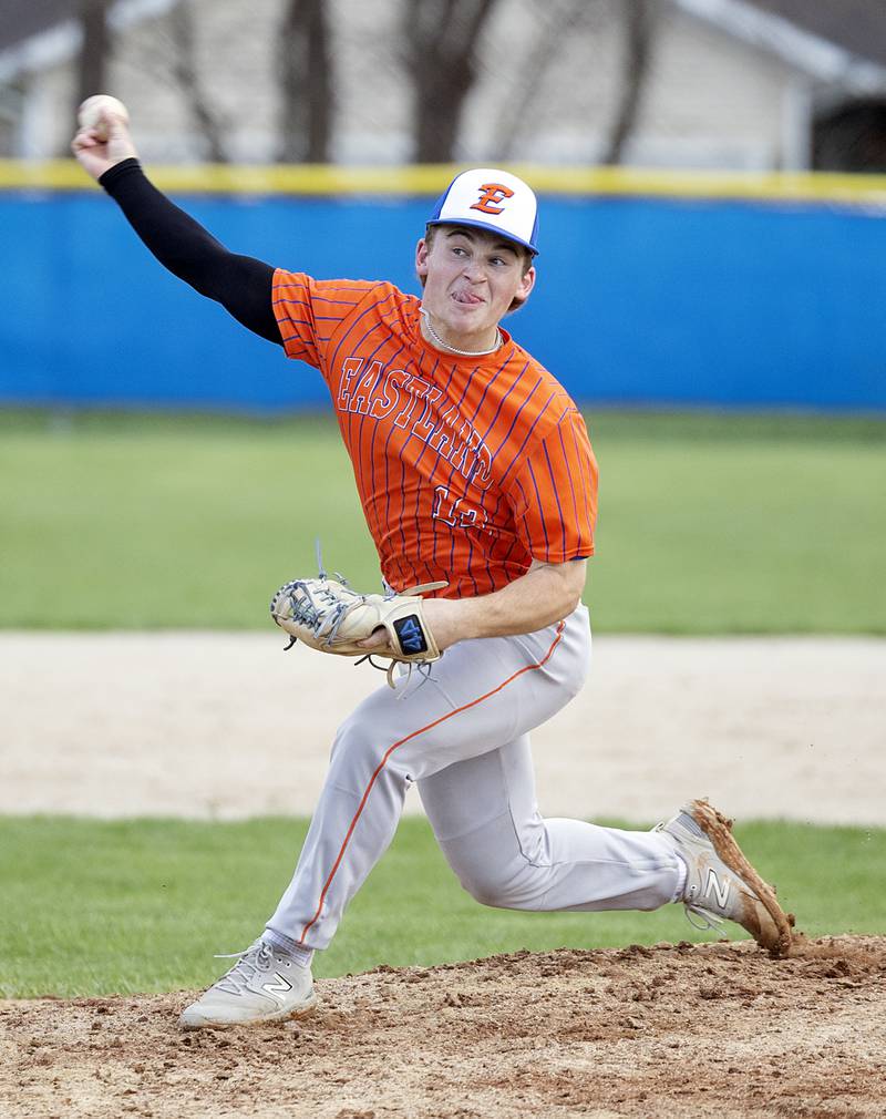 Eastland’s Camron Huber fires a pitch against Newman Wednesday, April 15, 2026.
