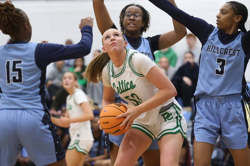 Providence’s Landrie Callahan battles for a shot against Hillcrest in the Class 3A Hillcrest Sectional championship game on Thursday, Feb. 26, 2026 in Hillcrest.