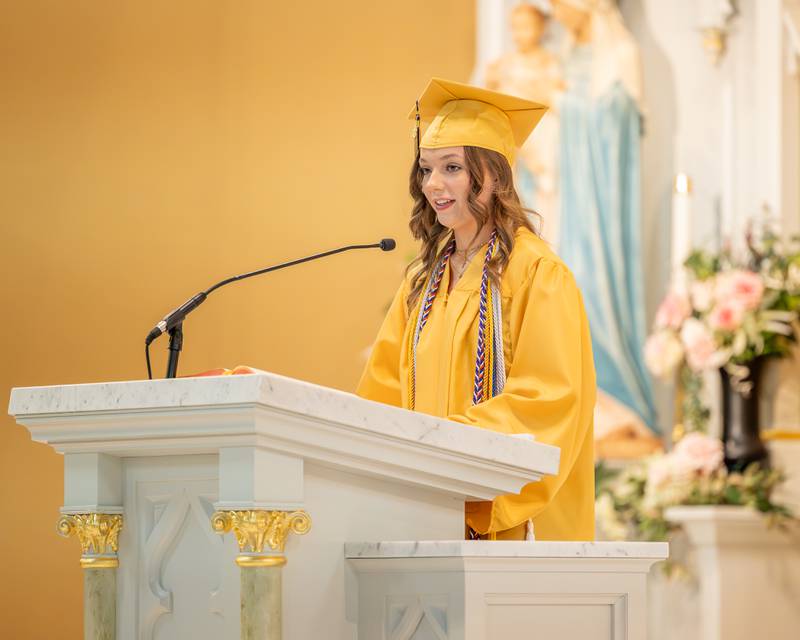 2026 Marquette Academy Graduate and Valedictorian Ava Offermann speaks at the Graduation Ceremony on May 24, 2026 at St. Columba Church in Ottawa.