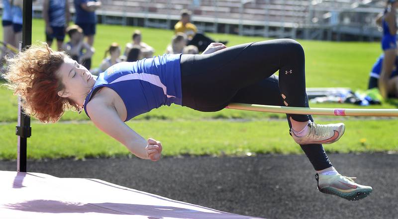 Somonauk’s Rylie Donahue competing in the high jump during the Rollie Morris Invite on Saturday, April 15, 2023 at Hall High School.