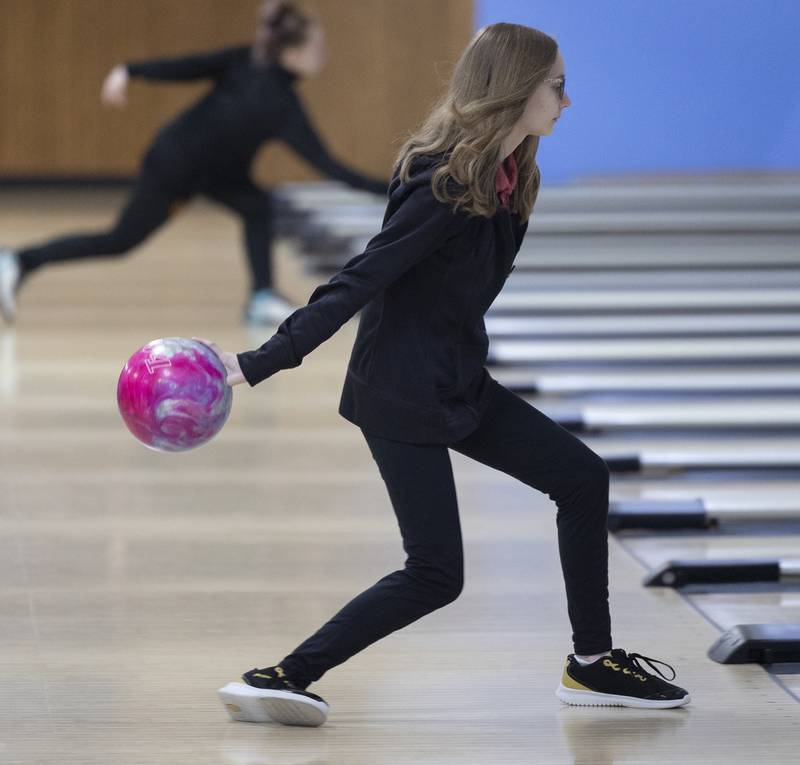 Erie-Prophetstown’s Lotus Crady competes Friday, Feb. 7, 2025, in the girls bowling regionals at Plum Hollow in Dixon.