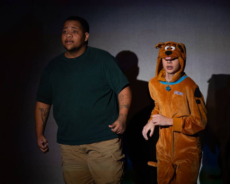 'Shaggy' (portrayed by Fredrick Davis) and 'Scooby' (portrayed by Holly Malmassari) search for 'ghost' during performance of "New Year, New Friends" on Saturday, December 27, 2025 at Stage 212 in LaSalle.
