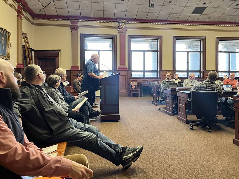 Township Officials of Illinois legislative chairman Arnold Vegter speaks to the Lee County Board at its meeting Thursday to oppose three bills that would dismantle many township governments across the state.