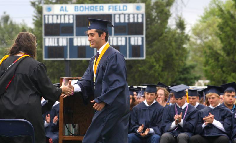 Leo Petropoulos concludes his student address during graduation at Cary-Grove High School in Cary on Saturday, May 17, 2025.