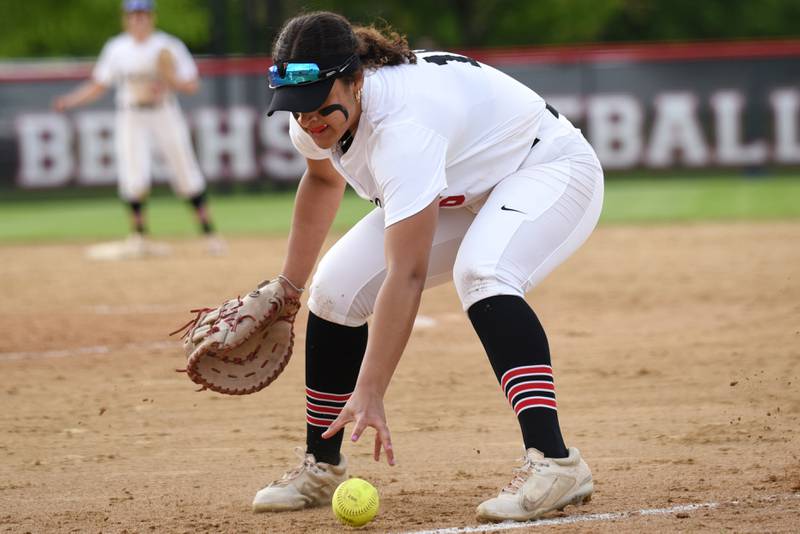 Bradley-Bourbonnais' Leila Middlebrook fields a bunt during a home game against Lockport Tuesday, April 28, 2026.