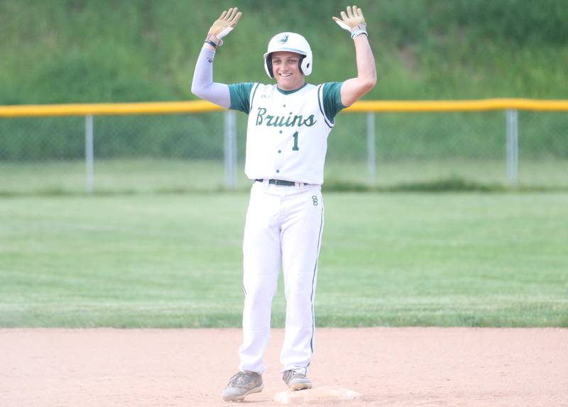 St. Bede's Aidan Mullane does a "raise the roof" motion after smacking a double against Bureau Valley on Wednesday, May 14, 2025 at St. Bede Academy.
