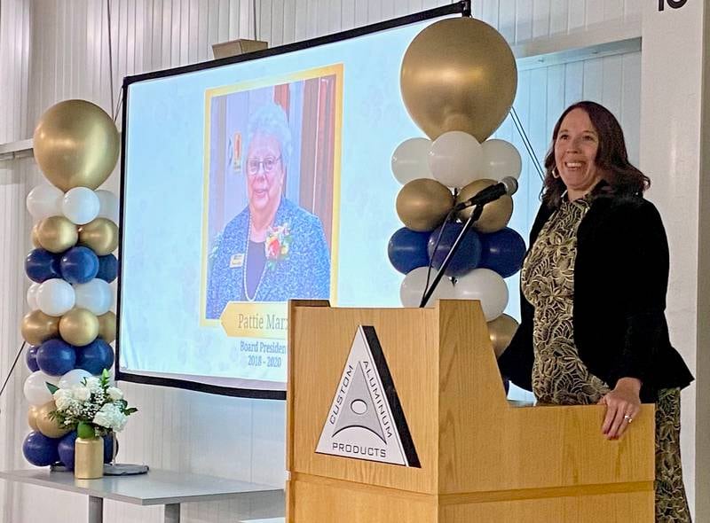 Jennifer Groce, Genoa Area Chamber of Commerce Board of Directors member, talks about the late Pattie Marks' legacy on the local business community. Groce was emcee of the evening on Thursday, Feb. 13, 2025, at the chamber's 68th Annual Meeting and Awards Dinner at Custom Aluminum Products, 312 Eureka St., Genoa.