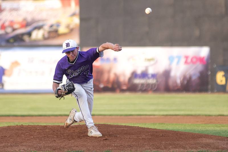 Dixon’s Gage Burdick fires a pitch Monday June 13, 2022 during the NIC-10 vs Big Northern Conference senior all-star game.