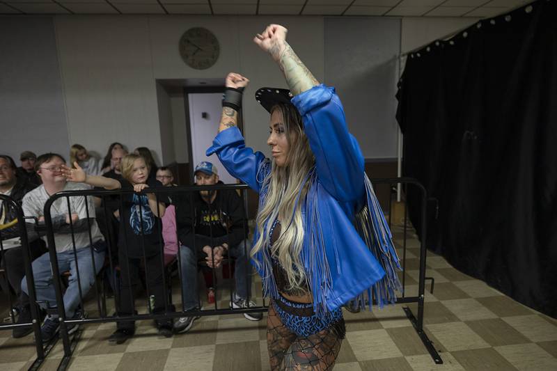 Shelly “Bombshell” Benson enters the ring for a match against Blair Onyx and Jade Blackwell for the Empress title Saturday, Feb. 4, 2023. Blackwell retained the title by defeating the other two.