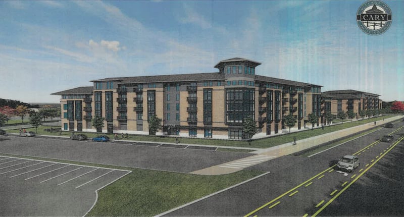 A rendering of a proposed five-story apartment building in the residential complex of over 200 total units proposed at the former Maplewood School property in Cary.