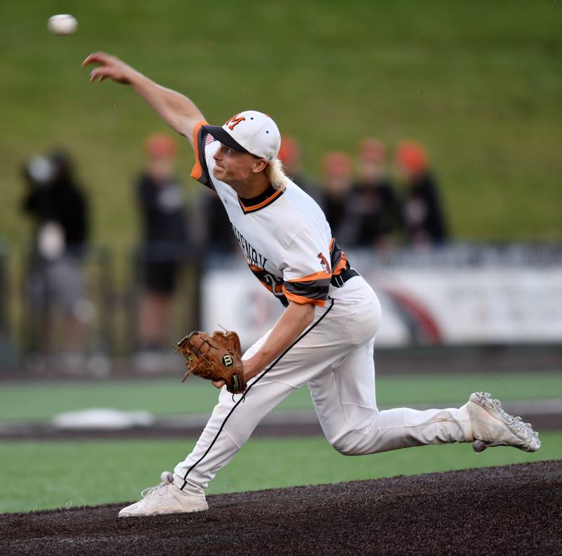 McHenry relief pitcher Ricky Powell makes his delivery during the Class 4A baseball state semifinal against Mundelein on Friday at Duvy Health and Care Field in Joliet.