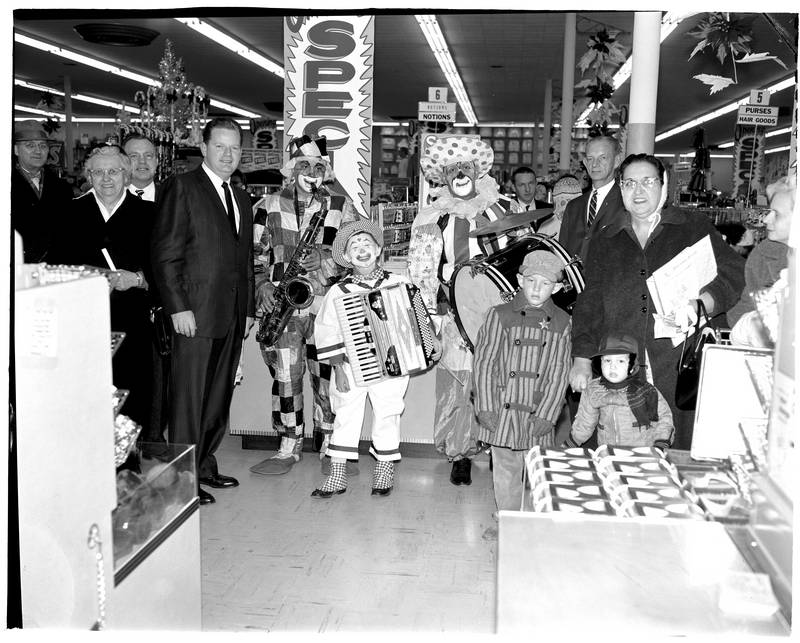 Clowns entertain shoppers at Hillcrest Shopping Center in Joliet during the 1959 Christmas season.