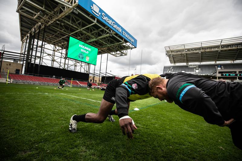 Chicago Hounds’ forwards work in some scrum practice drills before the start of their game against NOLA Gold, at Seat Geek Stadium in Bridgeview, on Sunday April 23, 2023.