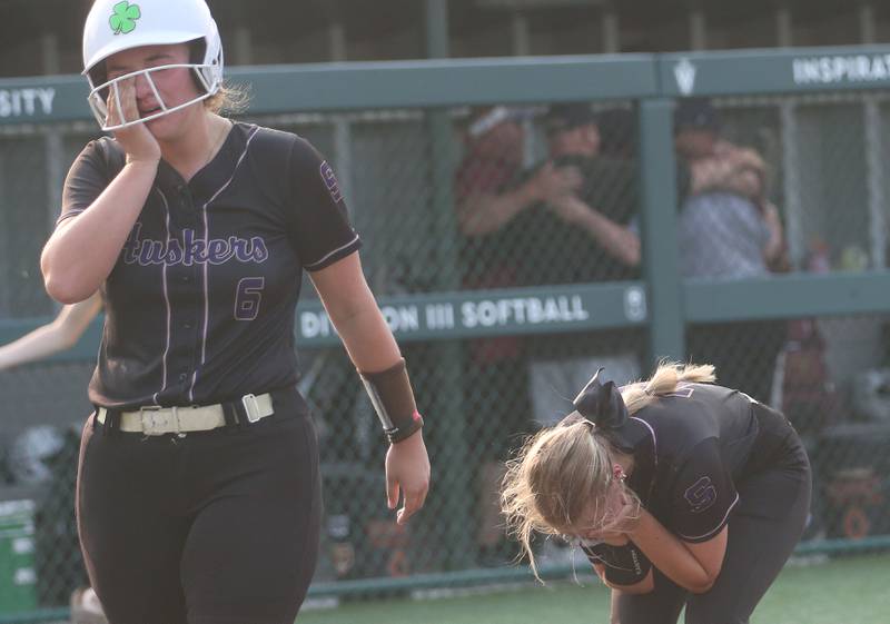 Serena's Maddie Glade (6) reacts with teammate Brynley Glade after falling to LeRoy during the Class 1A Illinois Wesleyan Supersectional on Monday, June 2, 2025, in Bloomington.