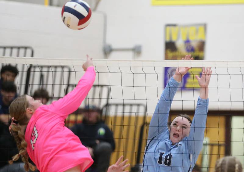 Earlville's Audrey Scherer hits the ball past Parkview Christian's Brenna Esposito during the Class 1A Regional semifinal game on Monday, Oct. 28, 2024 at Serena High School.