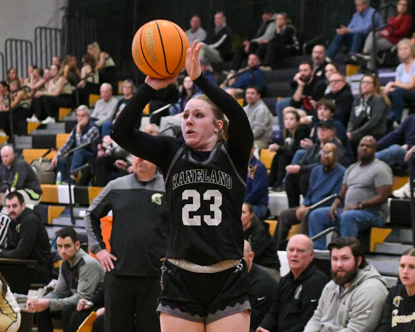 Kaneland's Kendra Brown (23) makes a three-point basket during the game on Monday Feb. 10, 2025, held at Sycamore High School.