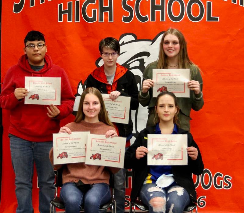Streator High School February 2022 students of the month are (left to right, first row): Nora Groesbeck, English/Foreign Language & Science Departments; and Sydney Long, Career and Technical Ed Department; (left to right, second row) Jesus Vazquez, Student Services Department; Adrianna Ashlock, English/Foreign Language Department; and Annabelle Dean, Fine Arts/Social Studies Department). Not pictured are Abby Bedecker, Math Department; Karilyn Porter, Health & Fitness/P.E./Drivers Ed Department; Aiden Studnicki, Fine Arts/Social Studies Department and Trevor Talty, Guided Program for Success Department.