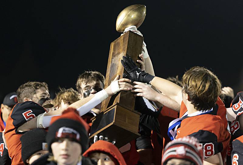 Amboy celebrates their championship win against Ridgewood in the I8FA championship Friday, Nov.17, 2023 at Monmouth College.