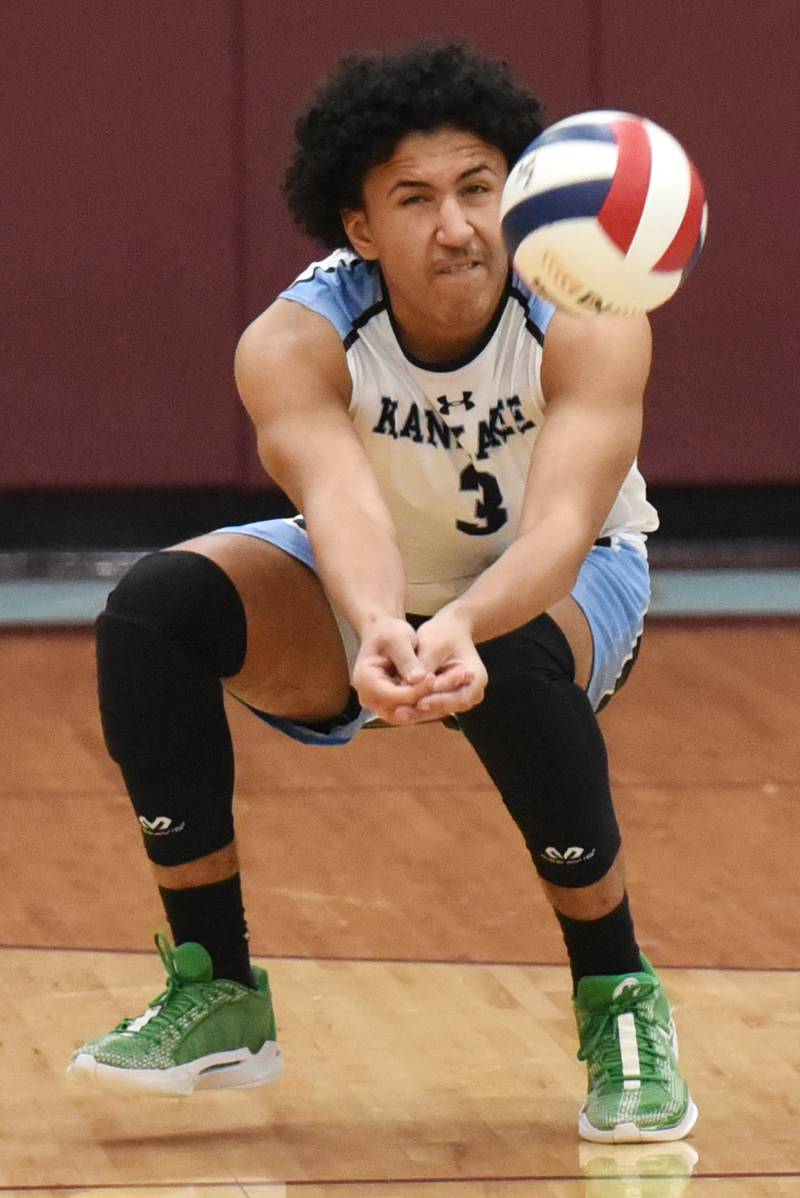Kankakee's Rex Harrison returns a serve during the Kays' home All-City game against Bradley-Bourbonnais Thursday, April 10, 2025.