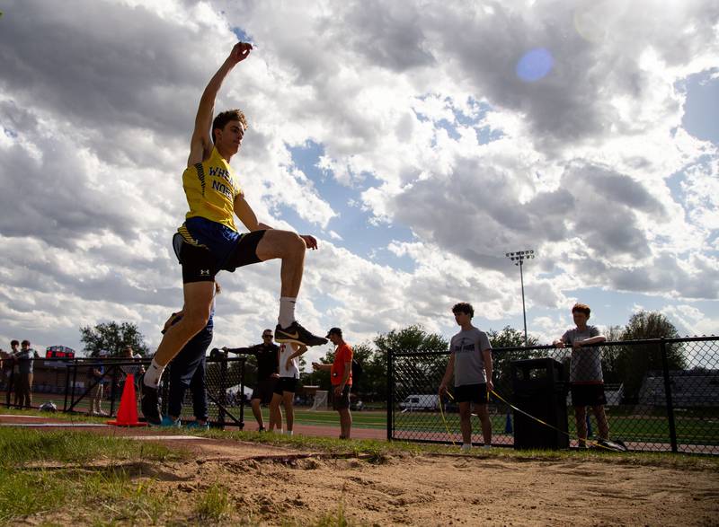 Wheaton North’s Matthew Beamer participates in the long jump during the Dukane Conference Boys Track and Field Meet hosted by Lake Park High School in Roselle on Friday, May 16, 2025.