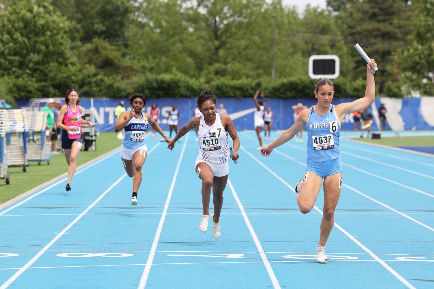 Kankakee’s Naomi Bey-Osborne competes in the 4x100 relay during the IHSA Class 3A Girls Track & Field State Finals on Saturday, May 24, 2025.