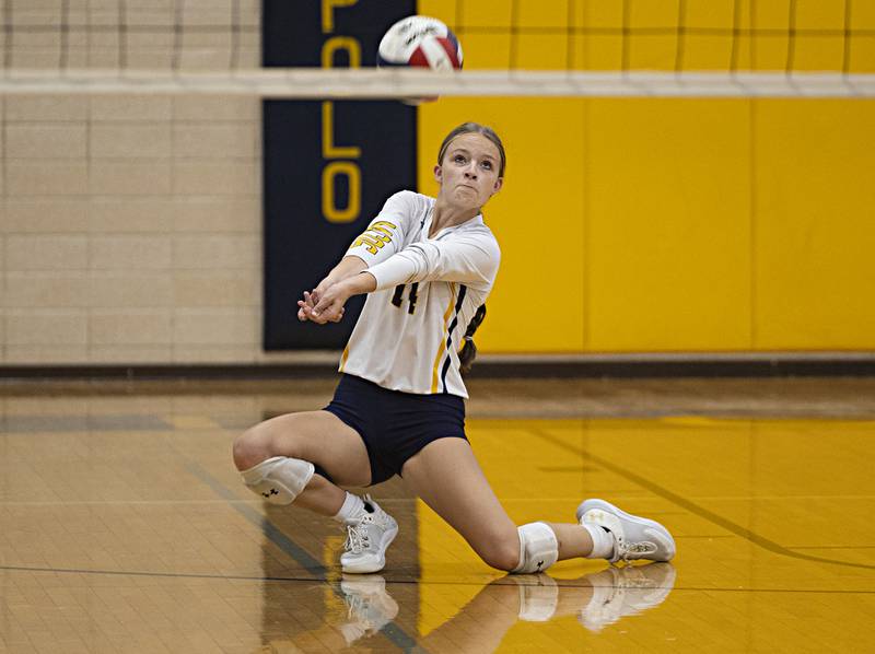 Polo’s Courtney Grobe plays the ball against Fulton Thursday, Sept. 14, 2023 in Polo.