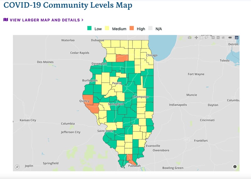 The latest COVID-19 community levels as of Friday, December 30, 2022, from the Illinois Department of Public Health