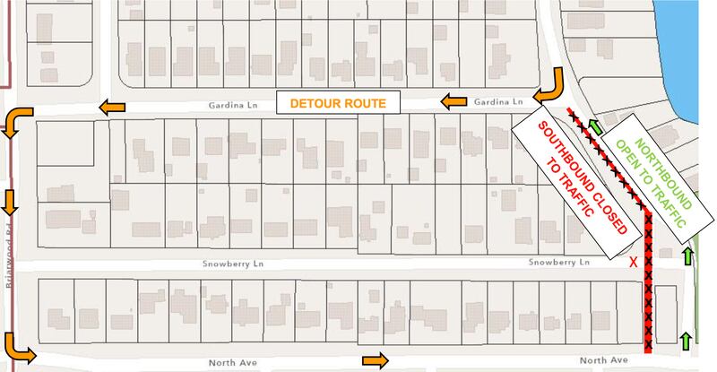 A map shows the detour route along Gardina Lane, Briarwood Road and North Avenue for the six-week closure to southbound traffic along Edgewater Drive. The closure starts Monday.