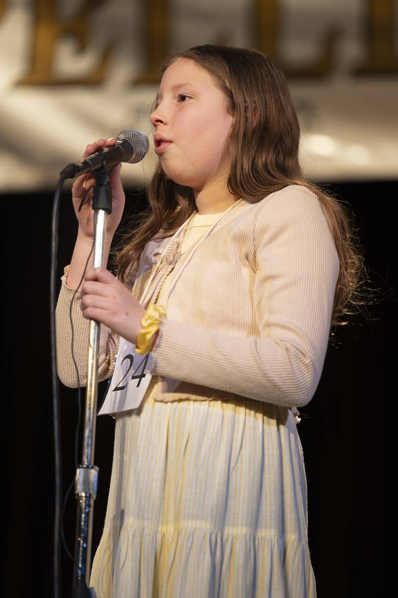 Lianna Lumzy of Ashton-Franklin Center Elementary went out on the word tase in round three Thursday, Feb. 20, 2025, at the Lee/Ogle/Whiteside County Spelling Bee.