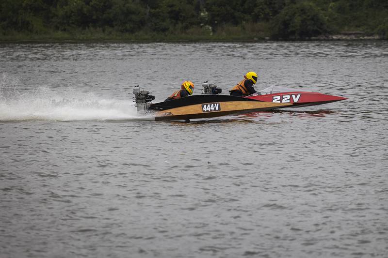 Ed Hearn (left) and Ryan Burdick run neck and neck near the start of their C Stock Runabout class Saturday, August 26, 2023 at the Rock Falls River Chase. Racers from all over the region came in to compete at Seward’s Park. Crowds perched on the hill overlooking the course as competitors ran their light and high powered skiffs through the oval course.