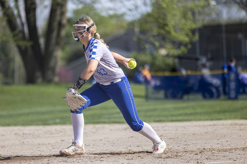 Newman’s Jess Johns winds up to fires a pitch against Princeton in April 2024.