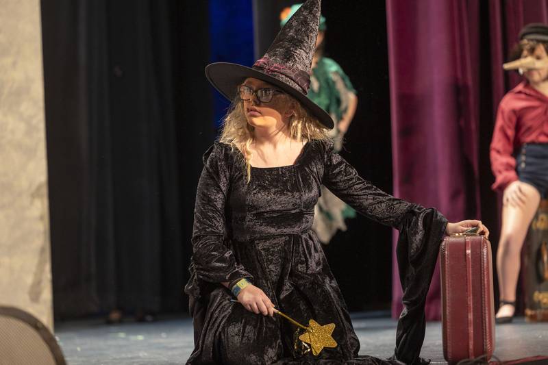 Anna Hill, aka the Wicked Witch, rehearses Thursday, Jan. 11, 2024 for Woodlawn Arts Academy’s “Shrek the Musical Jr.” at Dixon High School.