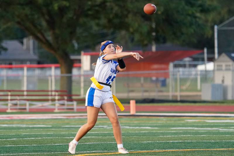 Geneva’s Clara Lyons (45) throws a pass against Yorkville during a non-conference game at Yorkville High School on Tuesday, Sept. 2, 2025.