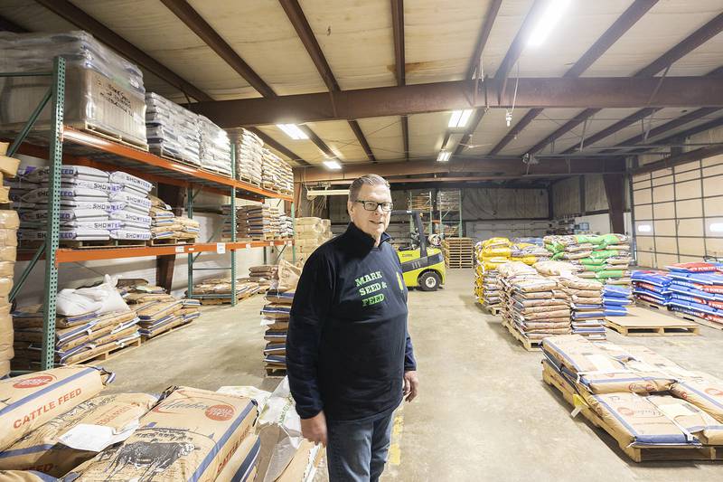 Mark Maidak of Mark Seed and Feed talks about variety of products Tuesday, Jan. 7, 2025, at his warehouse in Milledgeville.