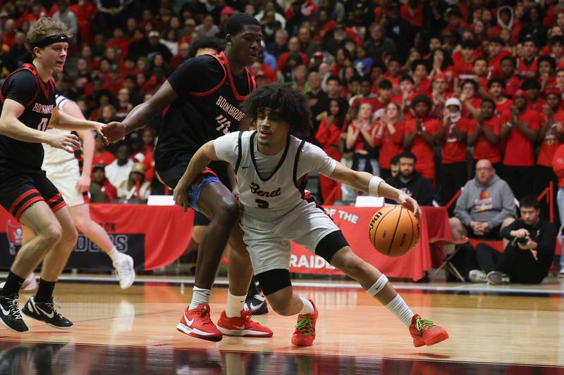 Benet’s Jayden Wright works along the baseline against Bolingbrook in the Class 4A Bolingbrook Sectional championship game on Friday, March 6, 2026 in Bolingbrook.