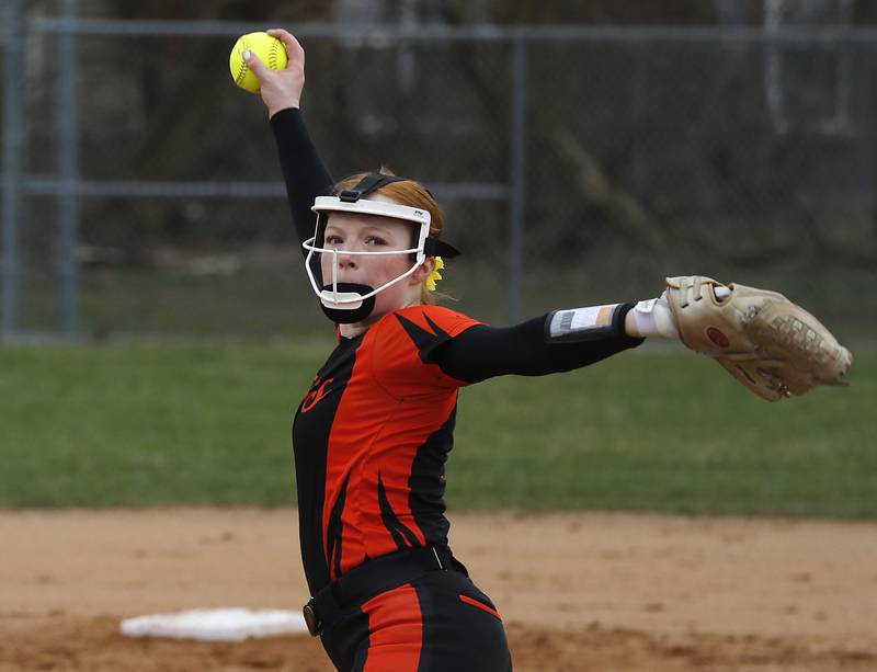 Crystal Lake Central's Makayla Malone throws a pitch during a nonconference softball game against Marian Central on Thursday, April 3, 2025, at bates Park in Woodstock.