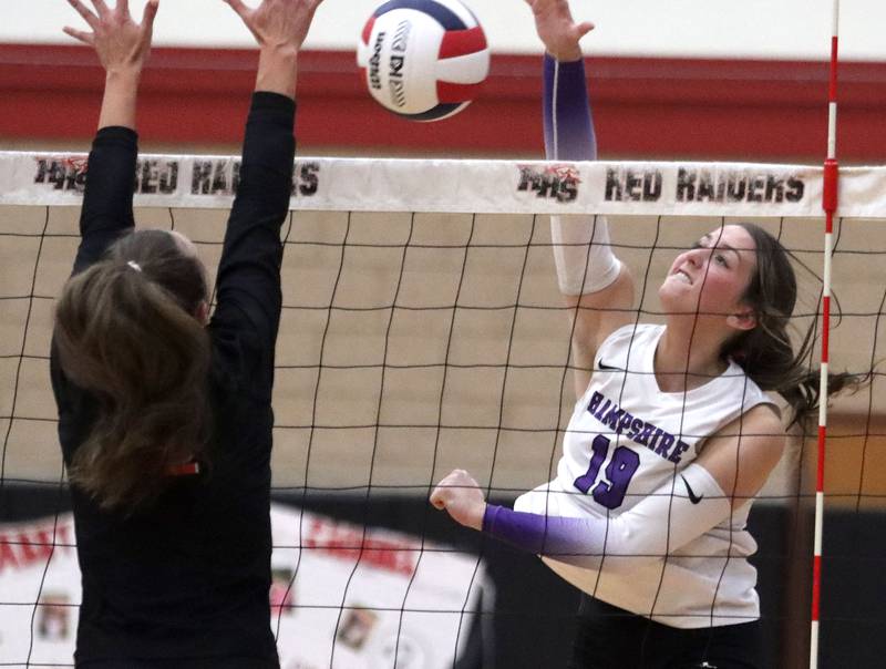 Hampshire’s Katelyn Petterson hits the ball in girls varsity volleyball at Huntley High School on Thursday, October 23, 2025.