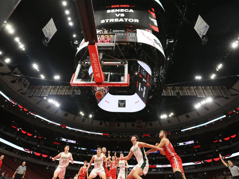 Streator's Christian Benning (bottom middle) hits a free throw while playing Seneca during a game on Tuesday, Dec. 21, 2023 at the United Center in Chicago.