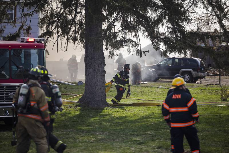 Departments from Dixon Rural and City, Rock Falls, Oregon, Franklin Grove, Sublette, Sterling and Polo were seen battling a blaze Monday, April 14, 2025, at 1308 Harmon Road.