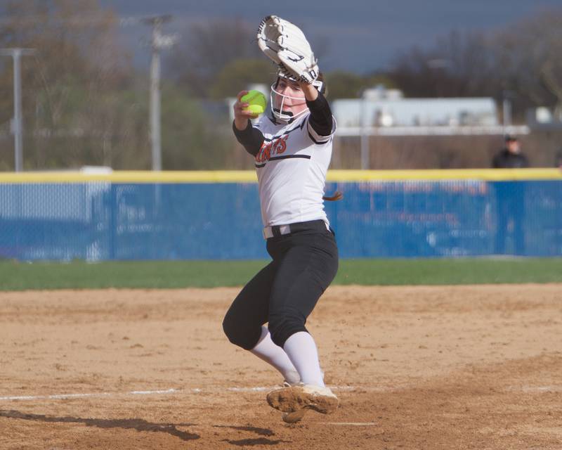 St. Charles East's Makayla Van Dinther rears back to deliver a pitch against Wheaton North on Monday, April 21, 2025 In Wheaton.
