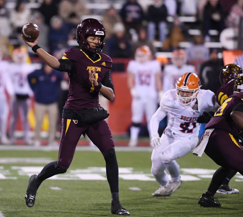 Montini quarterback Israel Abrams throw a pass during the IHSA Class 4A state championship game against Rochester on Friday, Nov. 28, 2025 in Normal.