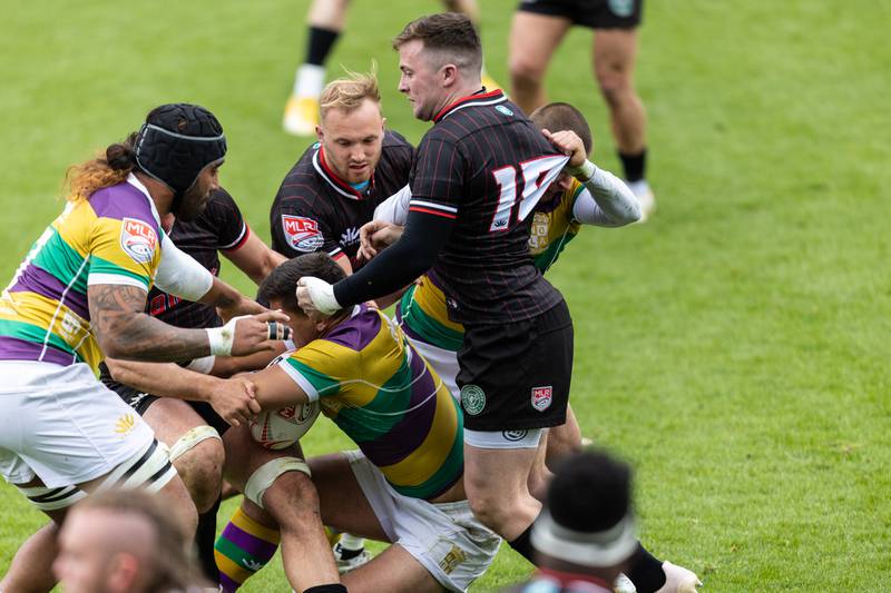 Chicago Hounds and NOLA Gold players come into contact during a game at Seat Geek Stadium in Bridgeview, on Sunday April 23, 2023.