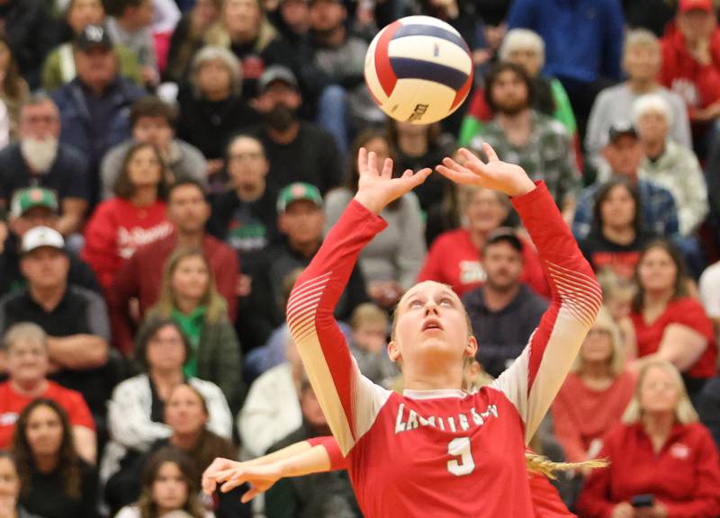 L-P's Aubrey Urbanski sets the ball during the Class 3A Sectional final game on Thursday, Nov. 6, 2025 in Sellett Gymnasium at L-P High School.
