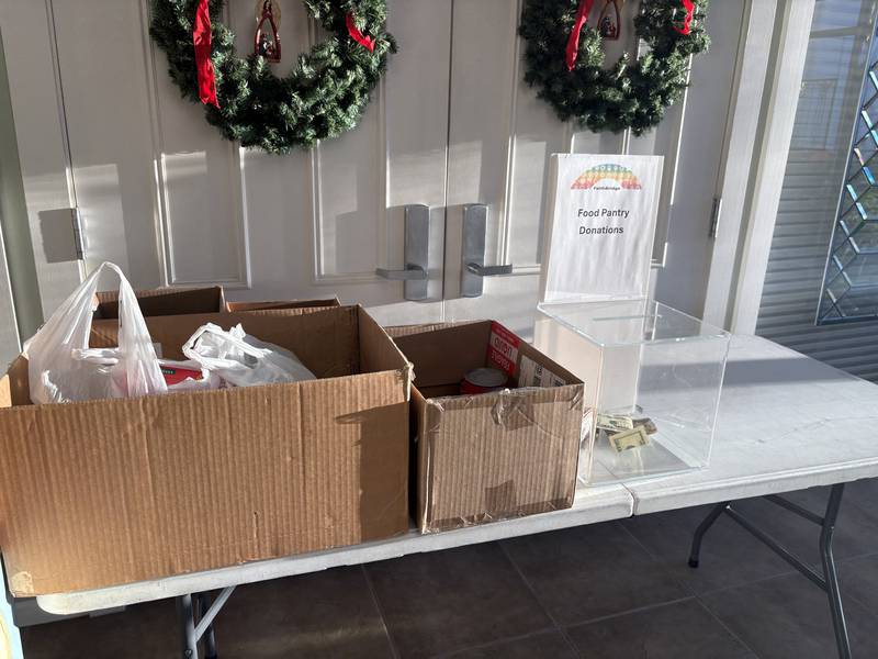 Food pantry donations pictured before FaithBridge's Thanksgiving program Nov. 23, 2025 in Crystal Lake.