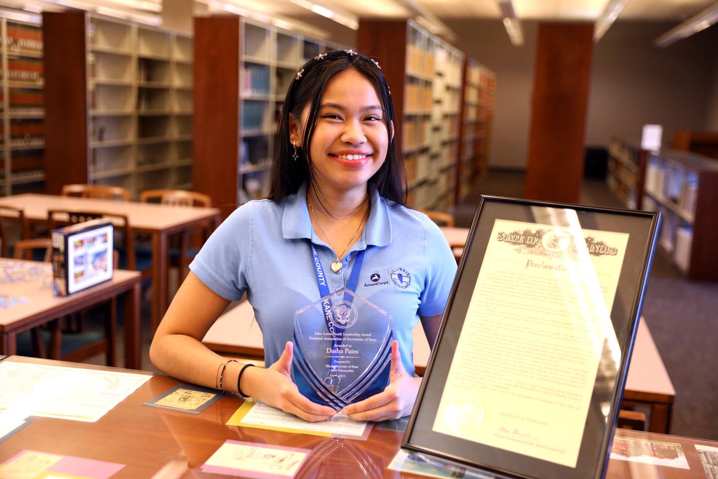 Dasha Pates, 23, of Oswego is an Illinois JusticeCorps Fellow and is currently working at the Kane County Law Library. She received the first-ever Illinois John Lewis Youth Leadership Award for her work improving access to legal services.