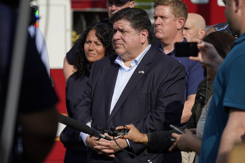 Illinois Gov. J.B. Pritzker attends a news conference at Highland Park Fire Department station 33., after a mass shooting at the Highland Park Fourth of July parade in downtown Highland Park, a Chicago suburb on Monday, July 4, 2022. (AP Photo/Nam Y. Huh)