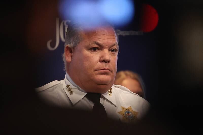 Joliet Police Chief Bill Evans listens to a question by a media member at a press conference at Joliet City Hall on Tuesday, Jan. 23 to give updates on the seven shooting deaths that happened this week on the 2200 Block of West Acres Road.