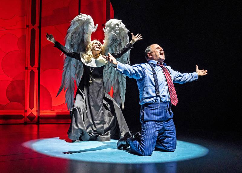 Jason Alexander (at right) stars as a corrupt lawyer visited by a terrifying angel, played by Candy Buckley, after a near death experience in the world premiere comedy Judgment Day. In The Yard at Chicago Shakespeare through May 26, 2024. Photo by Liz Lauren.