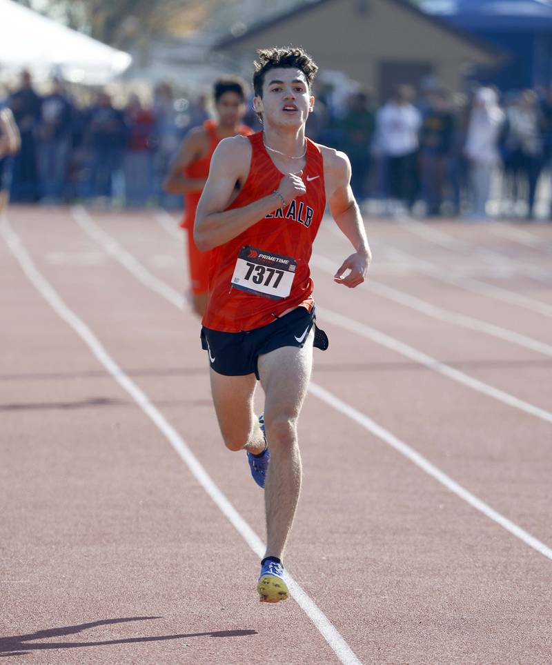 Jacob Barraza of DeKalb heads to first place during the IHSA Class 3A Lake Park cross country sectional  Saturday, Nov. 2, 2024 in Roselle.